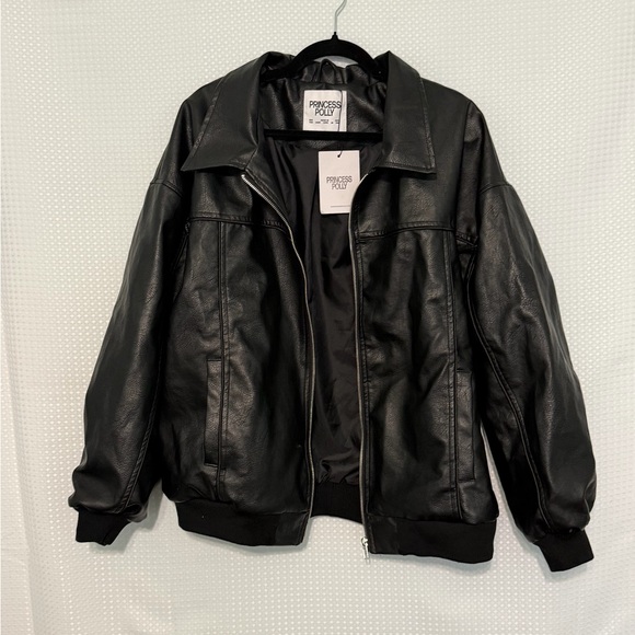 Princess Polly Goldsmith Faux Leather Bomber Jacket Black Oversized US 6 - Picture 11 of 15
